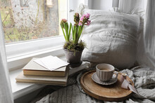 Cozy Easter, Spring Still Life Scene. Cup Of Coffee, Books And Blank Greeting Card On Windowsill. Vintage Feminine Styled Photo. Moody Floral Composition. Potted Pink Hyacinth Flowers. Linen Plaid.