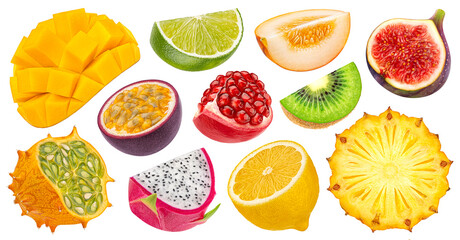Wall Mural - Exotic fruit slices isolated on white background, collection