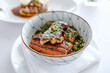Grilled eel rice bowl with foie gras on top, unadon. Grilled eel Japanese food.