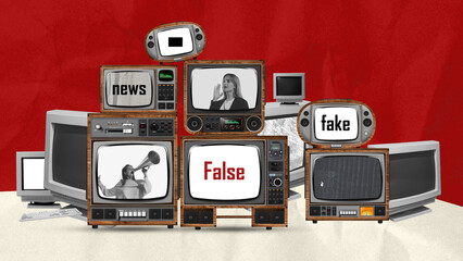 Wall Mural - Contemporary art collage. Conceptual design. Set of retro TV and computer screens showing fake news, disinformation.