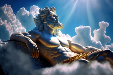 4K resolution or higher, greek god laying back chilling of a fluffy cloud. Generative AI Technology