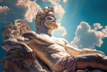 4K Resolution Or Higher, Greek God Laying Back Chilling Of A Fluffy Cloud. Generative AI Technology