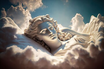 4K resolution or higher, greek goddess laying back chilling of a fluffy cloud. Generative AI Technology