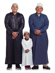 Wall Mural - Muslim, family and portrait of men in studio for Islamic, prayer and bonding on white background. Islam, generation and mature man teaching prayer, worship and religion values while standing isolated