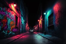 Street By Night With Colorful Graffiti On The Wall