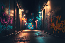 Abandoned Street By Night With Colorful Graffiti On The Wall, Generative Ai