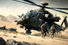 Military Helicopters, Forces. Smoke And Dust At Battlefield.Military Concept Of Power, Force, Strength, Air Raid. War, Combat. Generative AI.