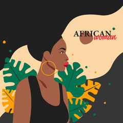 Beautiful modern fashion collage with abstract African woman portrait and leaves, vector flat