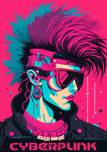 Cartoon Cyberpunk Girl In VR Glasses Against Pink Background. Webpunk Concept. Vector Illustration In A Style Of 80's. Creative Retro Poster. EPS 10