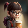 Girl student with a cup of hot beverage. Child wearing glasses with backpack holding a paper cup. AI generative 