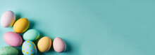 Easter Eggs On A Green Background, Banner, Generative AI