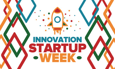 Innovation Startup Week. Business event for make future success. Technology development startups, searching financial and sponsorship. Creative marketing strategy for company. Vector rocket