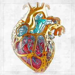 Sticker - Human heart jewelry made from gold, ceramic and precious stones, illustration