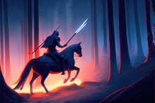 The Knight With Spear Riding A Horse Through The Fire Forest, Digital Art Style, Illustration Painting, Fantasy Concept Of A Knight Riding A Horse In The Burning Forest
