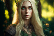 © devmarya - Female Elf with beautiful green eyes in a wood, Generative AI. Blonde female elf portrait on a floral background. Faitytale elf background.