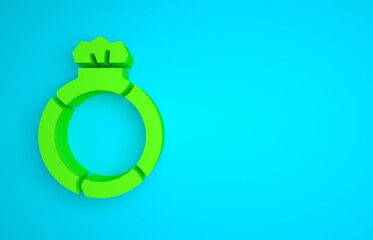 Wall Mural - Green Fantasy magic stone ring with gem icon isolated on blue background. Minimalism concept. 3D render illustration