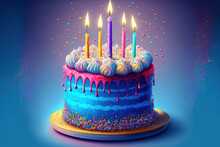 Over A Blue Background, A Birthday Cake With Rainbow Icing, Vibrant Sprinkles, And Lit Candles Can Be Seen. Generative AI
