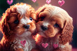 Two cute cavapoo in love, Puppys celebrating Valentine’s Day. Pets close to eachother in cartoon style