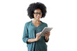 © muse studio - Female personality curly-haired with glasses formal wear manager working tablet transparent background.