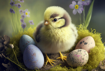 Sticker - Adorable baby chick in a spring meadow with easter eggs. Generative ai