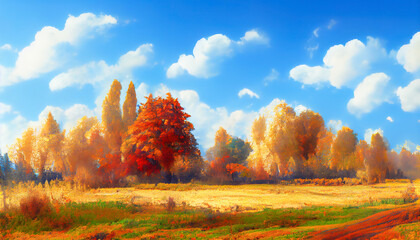 Wall Mural - Golden autumn in the forest and blue cloud sky