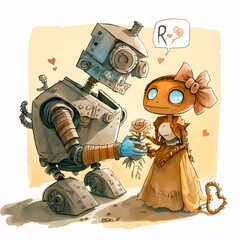 Wall Mural - little robot boy and girl.love between androids