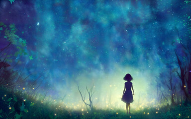 Girl standing in middle of magic night forest with sky background and stars above her head