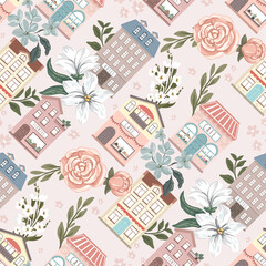 Wall Mural - Cute little town, houses and flowers. Seamless pattern with hand drawn vector illustrations with buildings and floral themes
