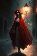 Fantasy book woman in a red cape, girl at night holding a candle, character from a fantasy novel, generative ai