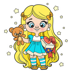 Poster - Cute cartoon long haired blond girl with gift box and teddy bear in hands color variation for coloring page on a white background