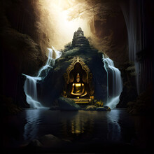 Gold Statue Buddha Waterfall Mountain. Generative AI. Buddhism Religion Illustration. Nature And Faith. Asian Oriental Way Of Lifestyle.