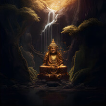 Golden Statue Buddha Waterfall Mountain. Generative AI. Buddhism Religion Illustration. Nature And Faith. Asian Oriental Way Of Lifestyle.