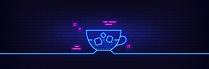 Neon light glow effect. Coffee with ice icon. Cold drink sign. Beverage symbol. 3d line neon glow icon. Brick wall banner. Cold coffee outline. Vector