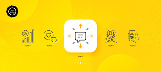 5g wifi, Bitcoin project and Sms minimal line icons. Yellow abstract background. Like button, Award app icons. For web, application, printing. Vector