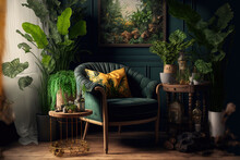 A Unique Arrangement Of Living Room Furnishings Includes A Tailored Armchair, A Wooden Coffee Table, Plants, And Golden Accents. Urban Jungle Competition. Generative AI