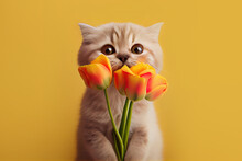 Cute Cat Holds Bouquet Of Tulips Over Yellow Background, Postcard For Valentine's Day. Generative Ai