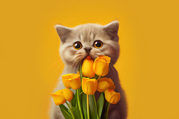 cute cat holds bouquet of tulips. Generative Ai