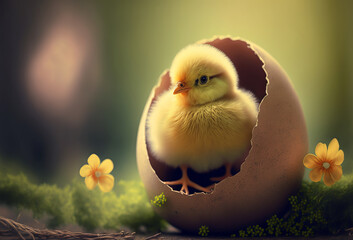 Poster - Adorable baby chick in a spring meadow. Generative ai