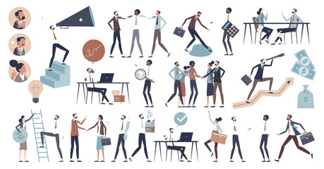 Wall Mural - Business people set with businessman work elements tiny person collection, transparent background. Company employees, team and executive employers items with corporate style illustration.