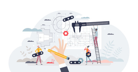 Mechanical engineering skills for professional technical project blueprint drawing tiny person concept, transparent background. Work occupation with physics and math principles.