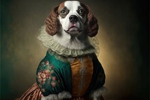 Portrait Of Dog In A Victorian Dress. Generative AI