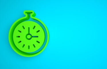 Green Pocket watch icon isolated on blue background. Minimalism concept. 3D render illustration