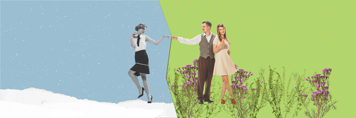 Sticker - Winter and spring time. Young people and their relationship. Contemporary art collage. Concept of family, love, divorce and lie. Comparison of seasons.