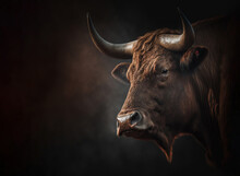 Closeup Of A Head Of An Angry Brown Bull Or Cow Profile Isolated On Dark Background