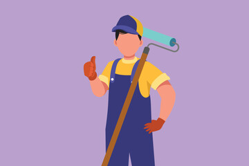 Wall Mural - Cartoon flat style drawing active handyman holding long paintbrush roll with thumbs up gesture is ready to work on painting wall and repairing damaged part of house. Graphic design vector illustration