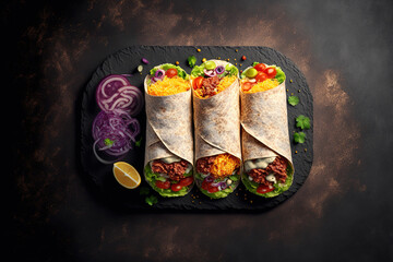 Wall Mural - Delicious burritos on a slate platter on a gray background. Generative AI