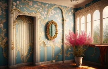 Wall Mural - interior art nouveau apartment and white wood wall in background with flowers all over wall