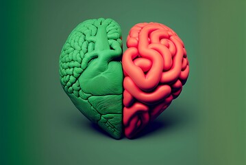 Poster - a 3d illustration of a heart versus brain divided in two parts in green and red