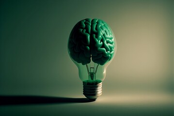 a brain growing up an idea inside a light bulb on a red background