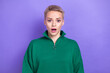Photo of charming funny nervous depressed confused lady open mouth bad news reaction lost all her money bankrupt isolated on violet color background